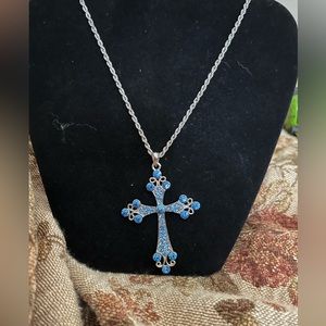 NWOT Beautiful Silver Blue Rhinestone Cross
